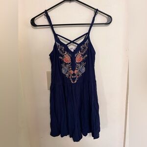 Blue Romper w Floral Embroidery